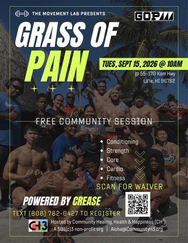 Grass of Pain flyer showing a large group of participants posing outdoors after a free community session held September 15, 2026.