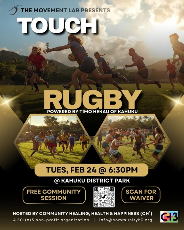 Past CH³ Touch Rugby session flyer with rugby imagery.