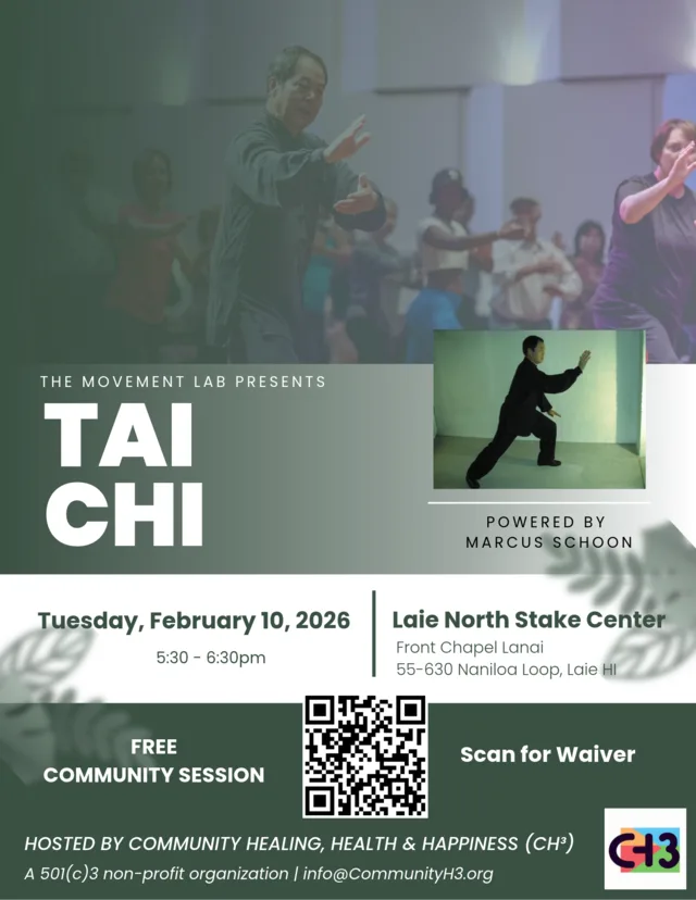 Tai Chi flyer featuring Marcus Schoon, for Tuesday, February 10, 2026, from 5:30 to 6:30 p.m. at the Lāʻie North Stake Center Front Chapel Lanai.