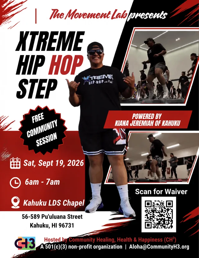 Kiana Jeremiah smiling in Xtreme Hip Hop Step attire, with two inset photographs of participants stepping indoors.