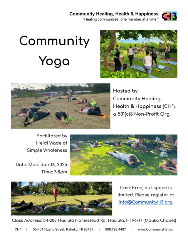 Past CH³ Community Yoga flyer showing adults practicing outdoors.