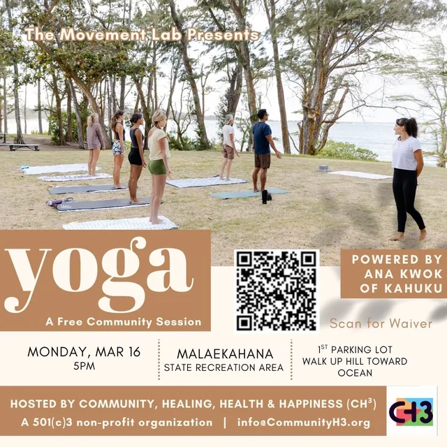 Past CH³ Yoga session flyer featuring facilitator Ana Kwok and an outdoor group practice.
