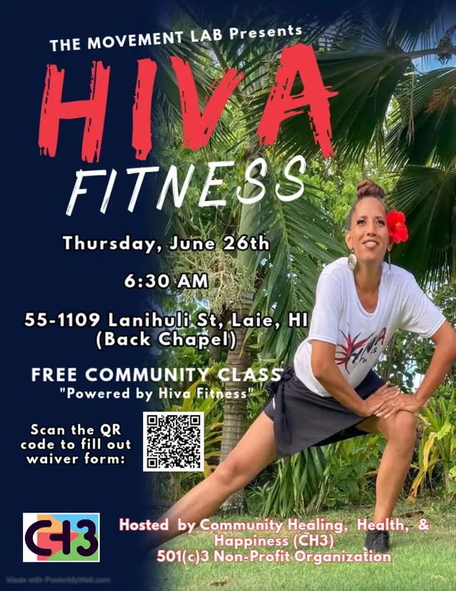 Past CH³ Hiva Fitness session flyer featuring facilitator Penny Toilolo.
