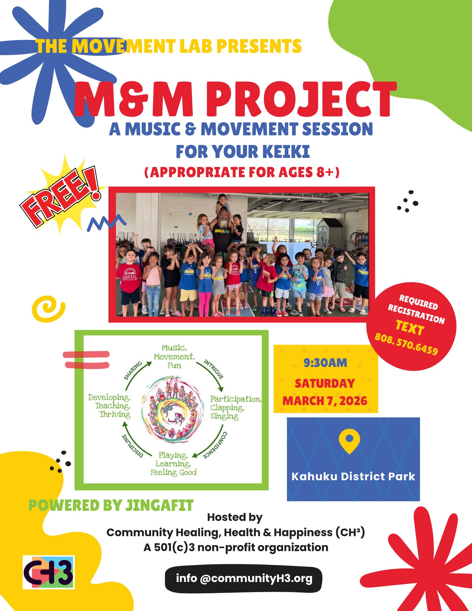 Historical CH³ flyer for a free M&M Project music and movement session for keiki with Jingafit at Kahuku District Park on March 7, 2026.