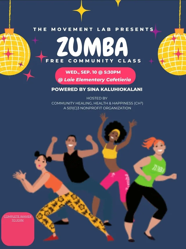 Past CH³ Zumba session flyer with illustrated dancers.