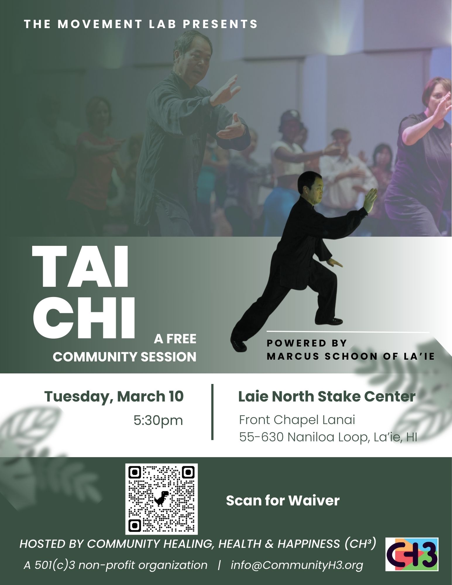 Historical CH³ flyer for a free Tai Chi community session led by Marcus Schoon at Lāʻie North Stake Center on March 10.