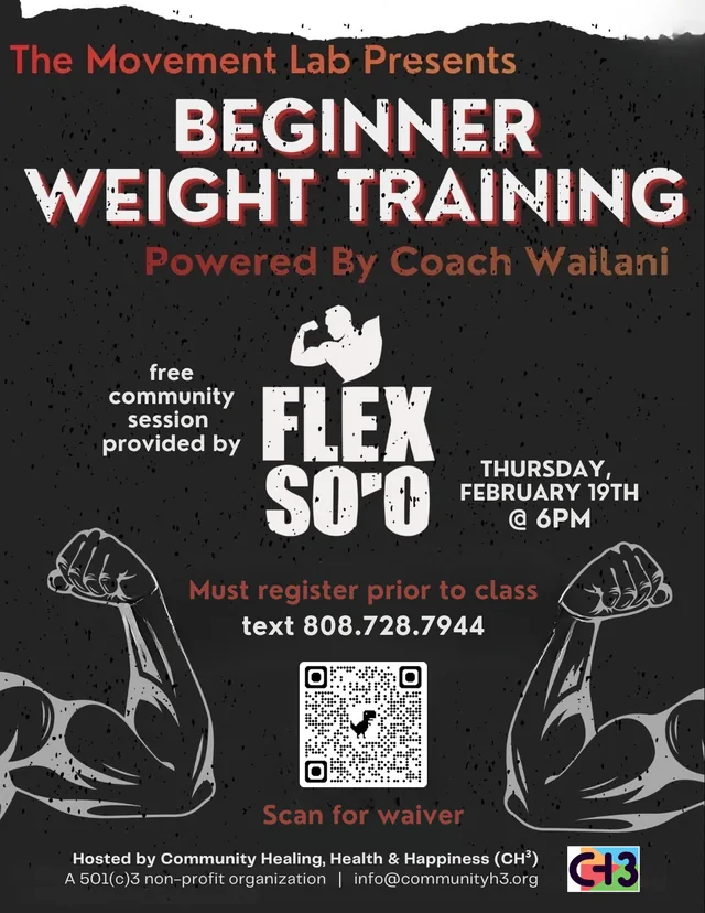 Past CH³ Beginner Weight Training session flyer for Coach Wailani and FLEX SO'O.