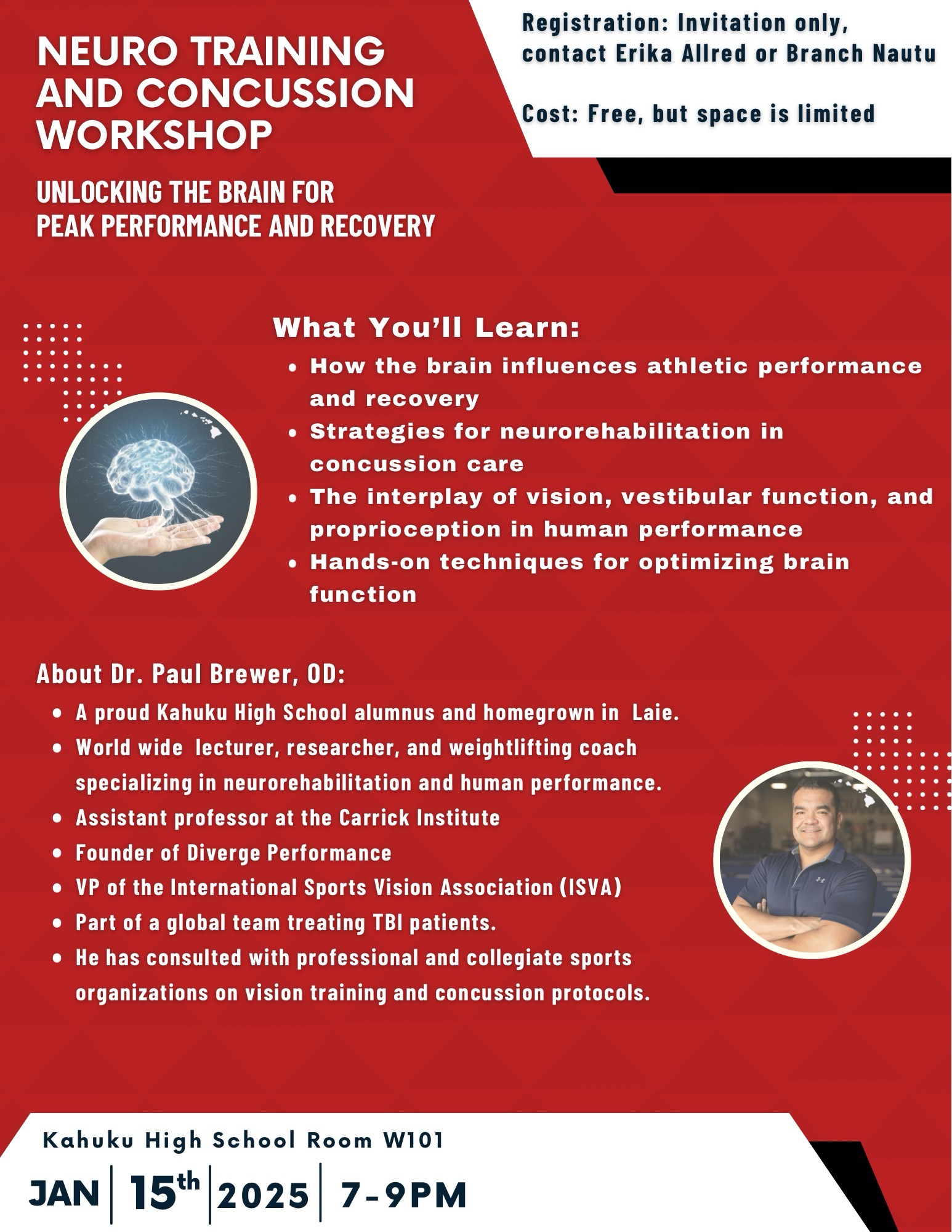 Historical CH³ flyer for a Neuro Training and Concussion Workshop led by Dr. Paul Brewer at Kahuku High School on January 15, 2025.