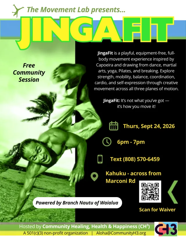 Green, yellow, black, and white flyer for a free JingaFit community session led by Branch Nautu of Waialua. An action photograph shows a partner balance movement. The session is Thursday, September 24, 2026, from 6:00 to 7:00 p.m. in Kahuku.