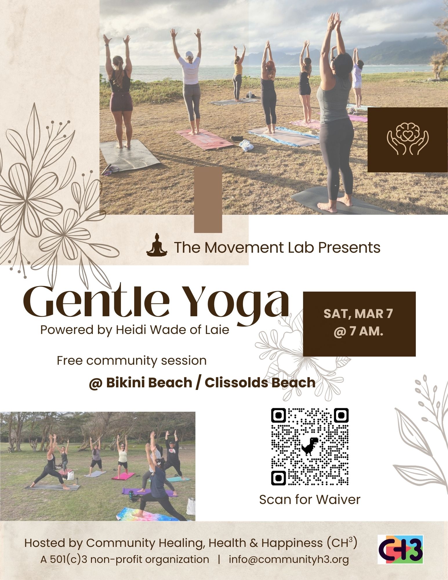 Historical CH³ flyer for a free Gentle Yoga community session led by Heidi Wade at Bikini Beach / Clissolds Beach on March 7.