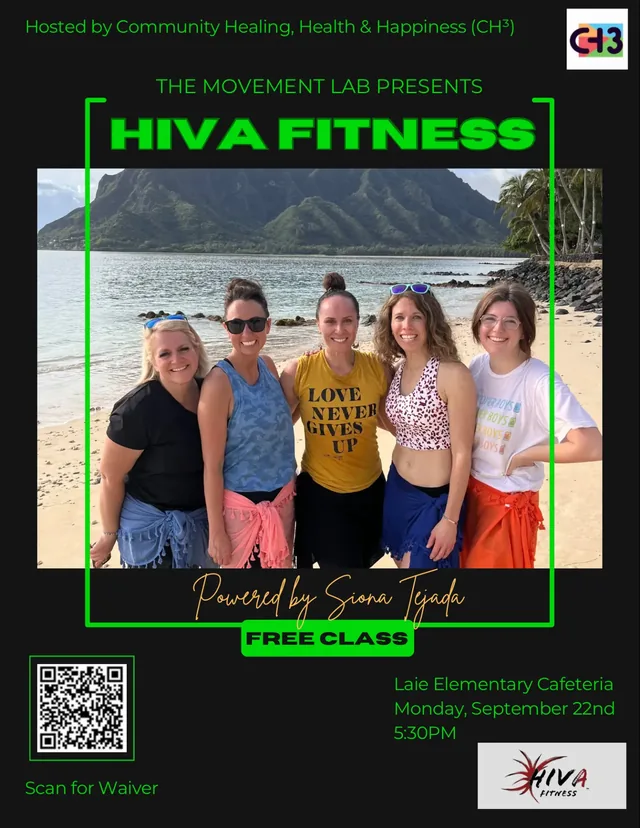 Past CH³ Hiva Fitness session flyer featuring facilitator Siona Tejada and a group of adults.