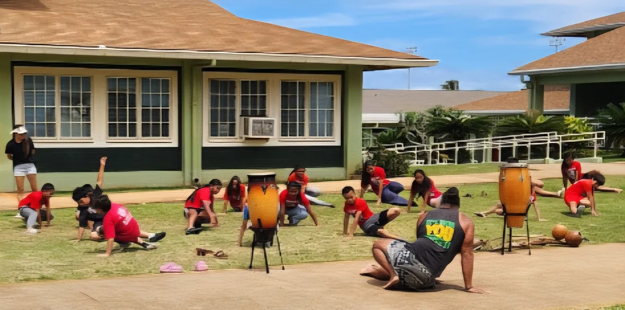 Students moving on a school lawn beside two standing drums during an outdoor music and movement session.