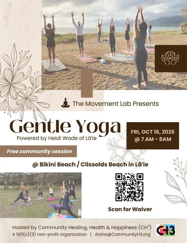 Gentle Yoga flyer featuring participants practicing yoga outdoors by the ocean, for Friday, October 16, 2026, from 7:00 to 8:00 a.m. at Bikini Beach / Clissolds Beach in Lāʻie, powered by Heidi Wade.