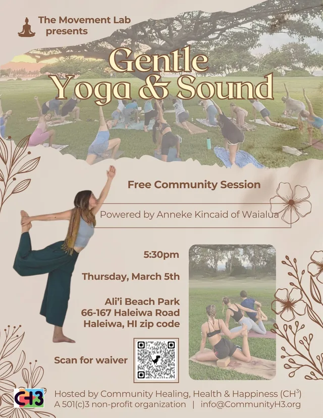 Past CH³ Gentle Yoga and Sound session flyer featuring facilitator Anneke Kincaid and outdoor group yoga.