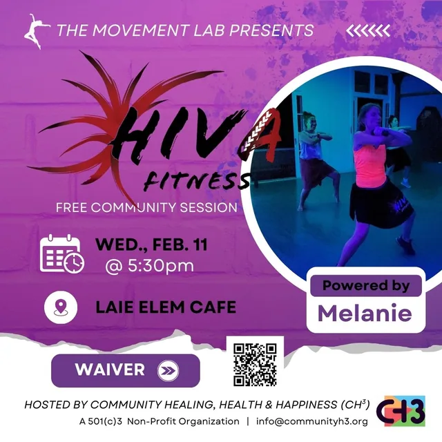 Past CH³ Hiva Fitness session flyer featuring facilitator Melanie.