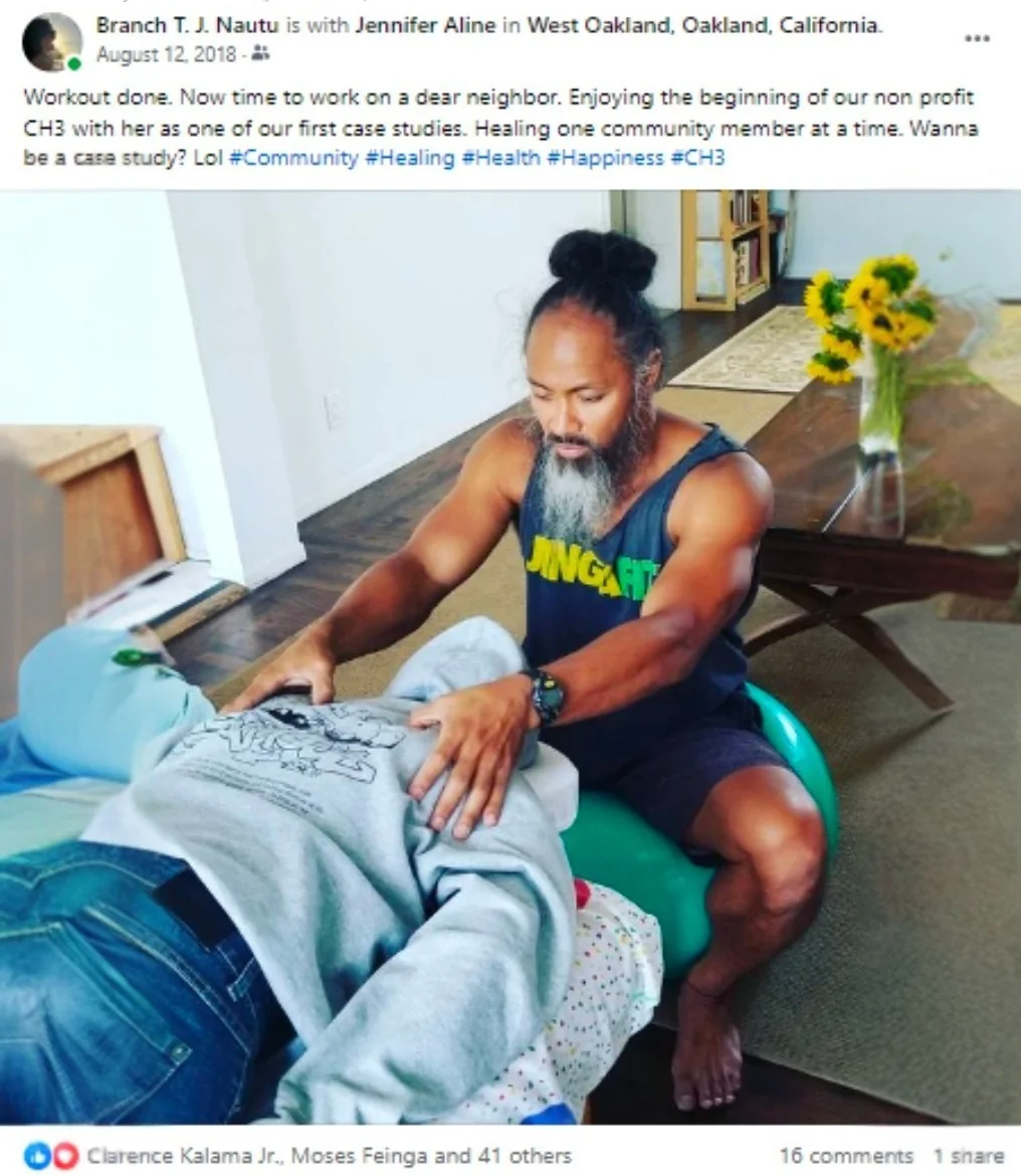 2018 Facebook post documenting an early CH³ community-healing experience in West Oakland, including the post text and visible community engagement.