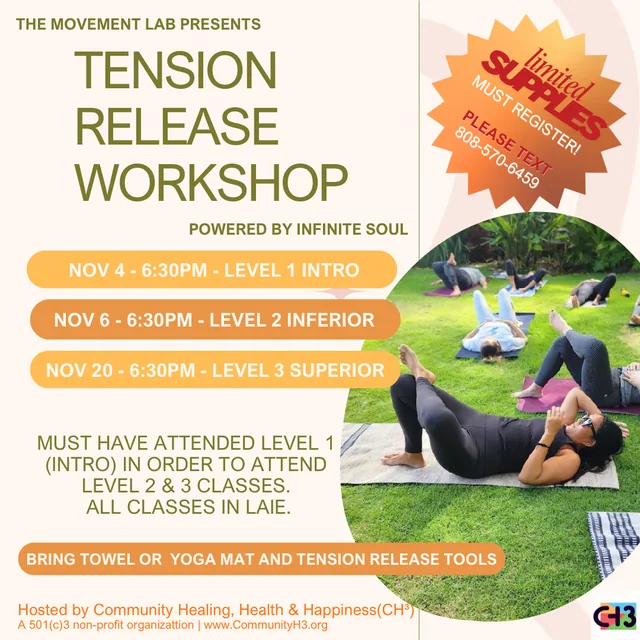 Past CH³ Tension Release Workshop flyer showing adults practicing restorative floor movements outdoors.